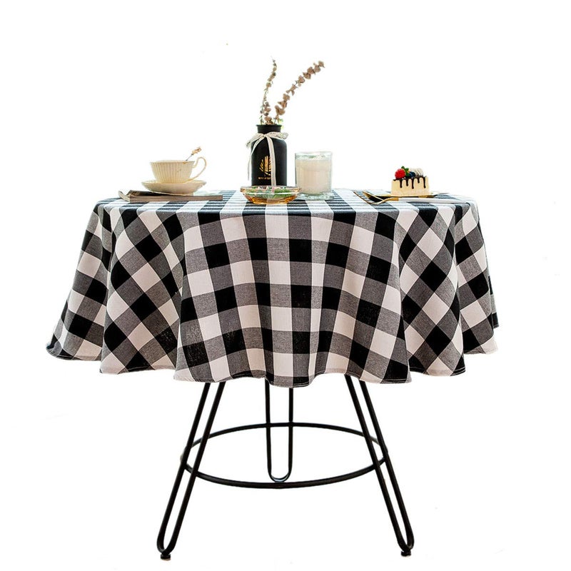Gleamique Buffalo Plaid Round Tablecloth Checkered Cotton Linen Table Cover for Kitchen Dining Room Home Decor ( Round - 48 Inch, White & Black ) - Image 1